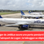 Un passager de JetBlue ouvre une porte pendant le roulage à l'aéroport de Logan ; le toboggan se déploie