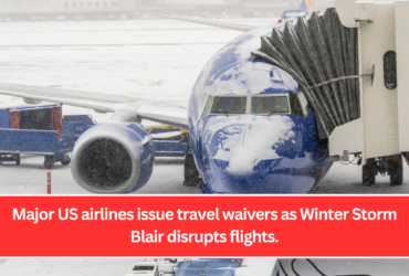 Major US airlines issue travel waivers as Winter Storm Blair disrupts flights.