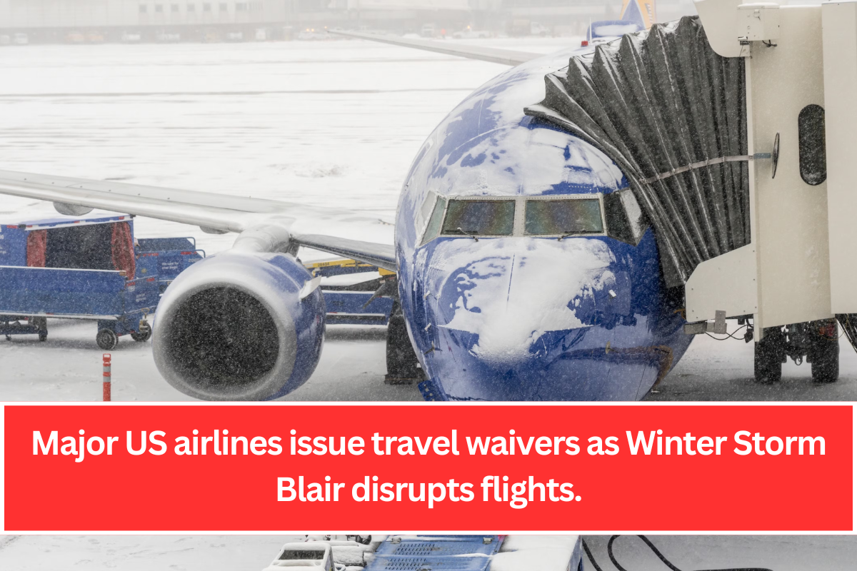 Major US airlines issue travel waivers as Winter Storm Blair disrupts flights.